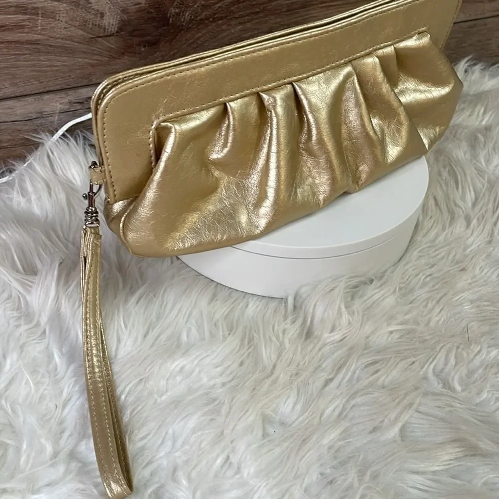Goldtone Metallic Evening Purse Clutch with Removable Wristlet Strap
